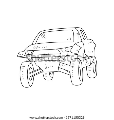 Off-Road Beast: A Minimalist Line Drawing Vector Design Capturing the Raw Power and Rugged Engineering of a off-road vehicle, Featuring Aggressive Suspension Lift, Oversized All-Terrain Tires. 