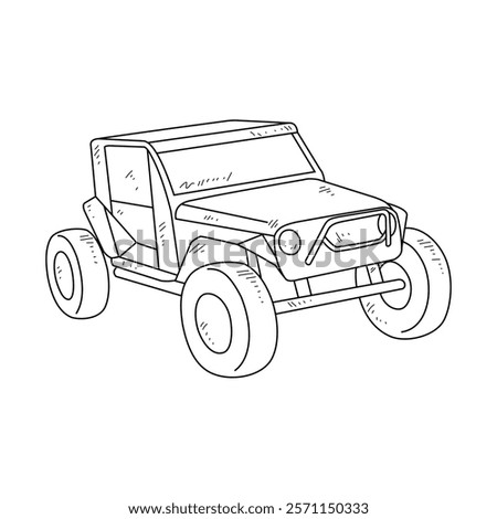 Off-Road Beast: A Minimalist Line Drawing Vector Design Capturing the Raw Power and Rugged Engineering of a off-road vehicle, Featuring Aggressive Suspension Lift, Oversized All-Terrain Tires. 