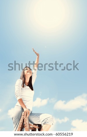 Similar – Image, Stock Photo Happy woman reaching crossed hands to camera