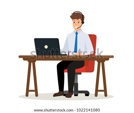 Operator of call center office consulting a client. Happy office worker sitting at desk with laptop computer. Online customer service concept. Vector isolated illustration.