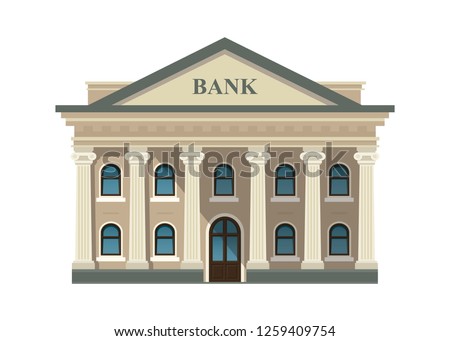 Bank building facade, university or government institution isolated on white background. Architecture building with columns. Vector illustration. Flat style. EPS 10.