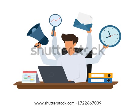 Multitasking manager working on laptop. Effective management vector concept. Vector illustration on white background.