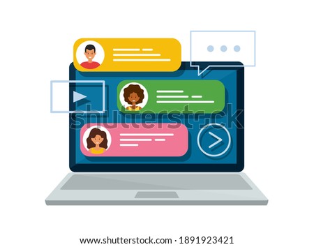 Chat messages on laptop. Online forum and internet chatting concept. Vector isolated illustration.