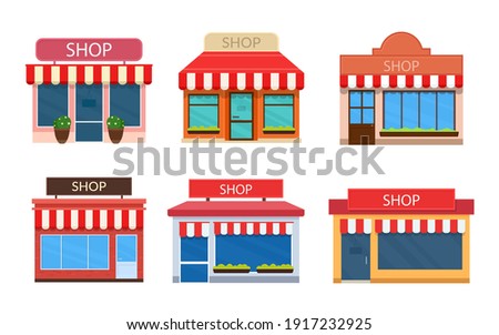 Set of vector shop buildings. Exterior store facade icon isolated on white background.