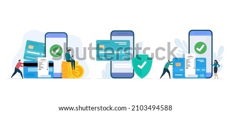 Vector illustration of online mobile banking. Online pay and electronic bill payment. Security transaction. Set of Mobile banking app design concepts. Сток-фото © 