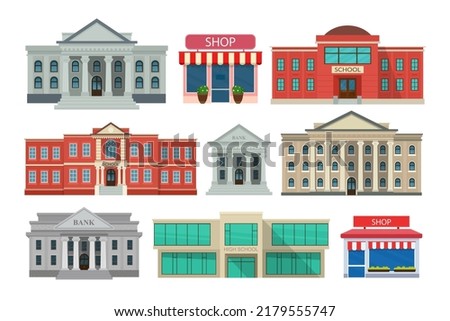 Set of buildings icons. Front view of bank, shop, school, court house, university or governmental institution. Vector illustratio of exterior facade building isolated on white background.