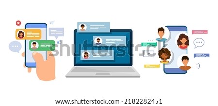 Chatting and messaging. Remote communication. Internet forum. Chat messages on laptop and smartphone. Set of vector illustrations.