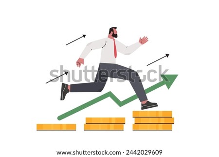 Financial or investment growth concept. Businessman running forward on growing stack of gold coins. Flat vector illustration on white backround.