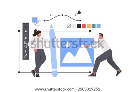 Designer illustrators working in graphic design software. Creative process of making vector illustration for web ui design. Creative agency. Flat vector illustration.