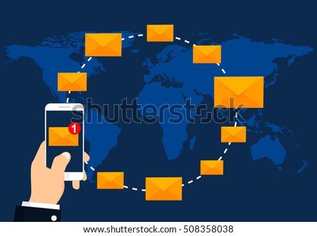 E-mail marketing concept. Sending or receiving email sms and mms messages around the world. Vector illustration flat modern design.