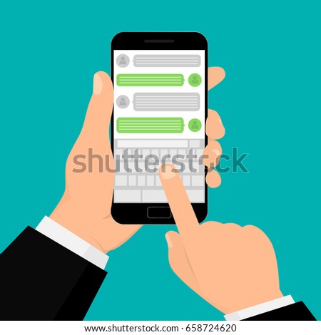 Social network concept. Hand holding smartphone. Chating and messaging concept. Vector illustration. Flat design. EPS 10.