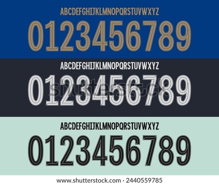 font vector team 2023 - 2024 kit sport style font. chelsea font. football style font with lines inside. sports style letters and numbers for soccer team. Home away and third