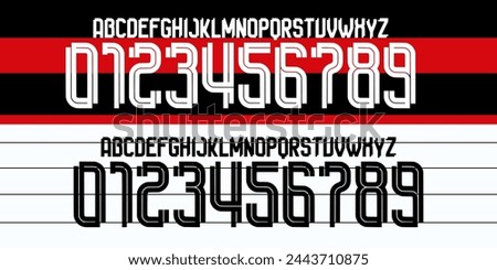 font vector team 2023 - 24 kit sport style font. football style font with lines. flamengo font. Sports style letters and numbers for soccer team.