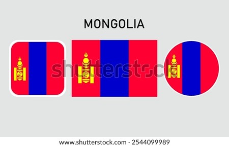 mongolia flag set of icons. A set of flags in square, rectangular and round shapes. Flag icon. Standard colors. Vector illustration.