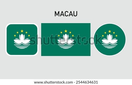 macau flag set of icons. A set of flags in square, rectangular and round shapes. Flag icon. Standard colors. Vector illustration.	