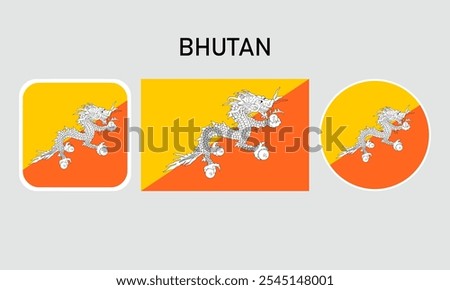 bhutan flag set of icons. A set of flags in square, rectangular and round shapes. Flag icon. Standard colors. Vector illustration.	