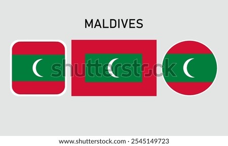 maldives flag set of icons. A set of flags in square, rectangular and round shapes. Flag icon. Standard colors. Vector illustration.	