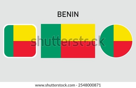 benin flag set of icons. A set of flags in square, rectangular and round shapes. Flag icon. Standard colors. Vector illustration.	