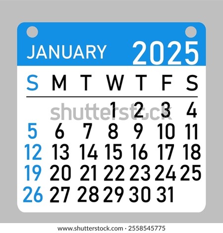 Letter calendar for January 2025. The week begins on Sunday, with concepts of time, planning, and scheduling, along with a removable calendar for the month. Flat design. 