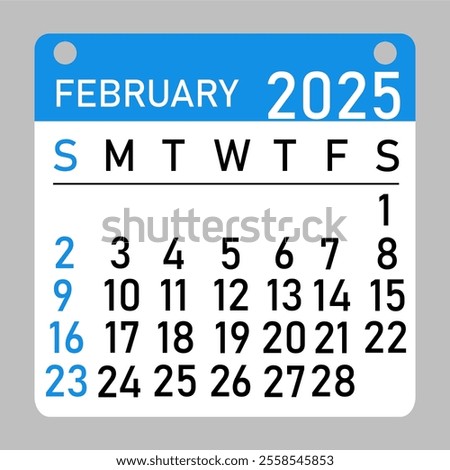 Letter calendar for February 2025. The week begins on Sunday, with concepts of time, planning, and scheduling, along with a removable calendar for the month. Flat design. 