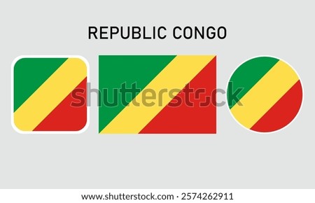 republic congo flag set of icons. A set of flags in square, rectangular and round shapes. Flag icon. Standard colors. Vector illustration.