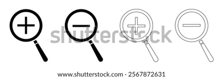 Magnifying glass with plus and minus symbol. Zoom in and Zoom out icon set. Zoom symbol. Vector Illustration.