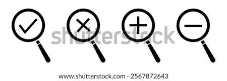 Magnifying glass with plus and minus symbol. Zoom in and Zoom out icon set. Zoom symbol. Vector Illustration.