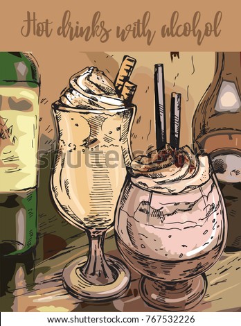 Hand drawn vector illustration delicious hot drinks with alcohol. Retro template. Sketch.

