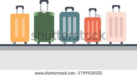 Baggage claim at terminal airport . Luggage, suitcase set on conveyor belt arrival. Cover page cartoon. Time to travel. Vector illustration. Vector EPS10