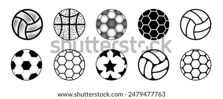 Set Of Sports game ball icon Collection. Soccer ball Volleyball, Basketball, football Collection. Set different ball. Classic soccer ball on isolated background. outline icon. victor Illustration. 