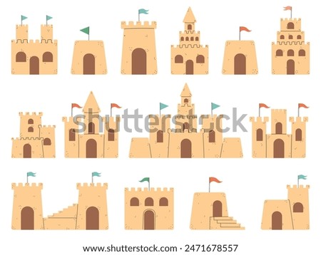 Sand Castle Flat Style Set, Cartoon Design, Hand Drawn Sand Castle Set, Vector Illustration