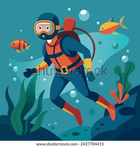 Illustration of a diver at the bottom of the sea with fish depicted in vector graphics in a vector style.