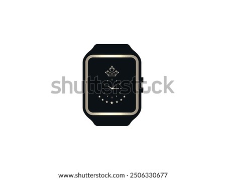 Premium Wristwatch Icon. Luxurious Golden Watch. Square Shaped Elegant Wrist Watch Vector. High-Tech Timepiece. Sleek Dual-Tone Quartz Watch Design. Unisex Fashion. Smartwatch in Black and Gold Tones.