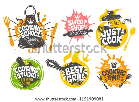 Sketch style cooking lettering icons set. For badges, labels, logo, bakery shop, grill, street festival, farmers market, country fair, shop, kitchen classes, cafe, food studio. Hand drawn vector ストックフォト © 