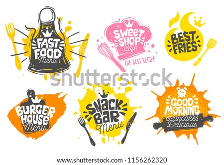 Sketch style cooking lettering icons set. For badges, labels, logo, sweet, bakery, snack bar, street festival, farmers market, country fair, shop, kitchen classes, cafe, food studio. Hand drawn vector