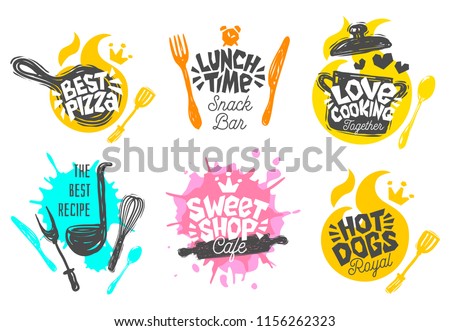 Sketch style cooking lettering icons set. For badges, labels, logo, sweet shop, bakery, snack bar, street festival, country fair, shop, kitchen classes, cafe, food studio. Hand drawn vector