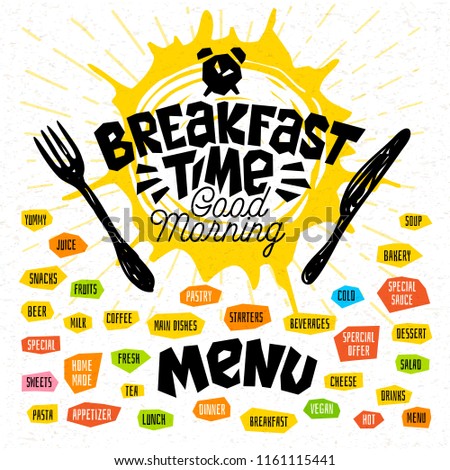 Breakfast Time Good Morning Fork Knife Menu Lettering Labels Breakfast Time Good Morning Fork Knife Menu Lettering Labels