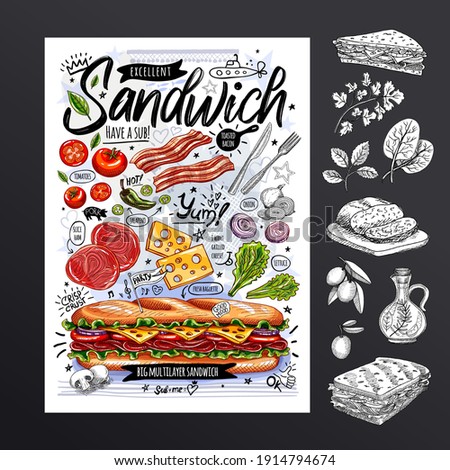 Food poster, ad, fast food, ingredients, menu, sandwich, sub, snack. Sliced veggies, cheese, ham, bacon. Yummy cartoon style, isolated. Hand drew vector