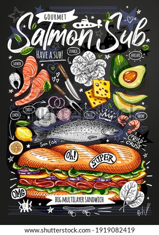 Food poster, ad, fast food, ingredients, menu, sandwich, sub, snack. Sliced veggies, cheese, salmon, avocado. Yummy cartoon style isolated. Hand drew vector