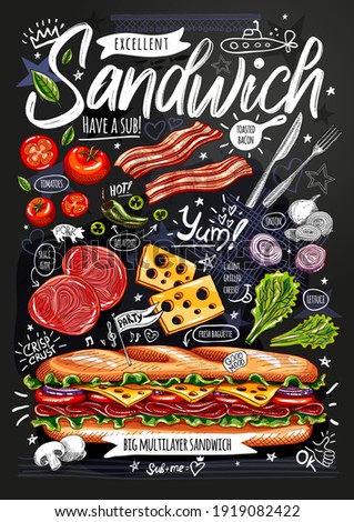 Food poster, ad, fast food, ingredients, menu, sandwich, sub, snack. Sliced veggies, cheese, ham, bacon. Yummy cartoon style isolated. Hand drawn vector