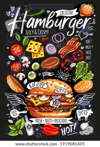 Food poster, ad, fast food, ingredients, menu, burger. Sliced veggies, bun, cutlet, cheese, meat, bacon. Yummy cartoon style isolated. Hand drew vector