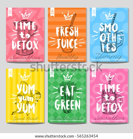 Set colorful healthy food posters. Smoothies, fresh, juice, detox, eat green, yummy, blender, jar, banana. Retro background. Sketch style, labels, hand drawn vector.