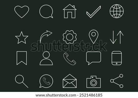 Set of white outline icons on Flat background. Simple linear icons for web design or mobile app interface. Social media, web, communication, home, location, profile,  settings, chat, search, camera.