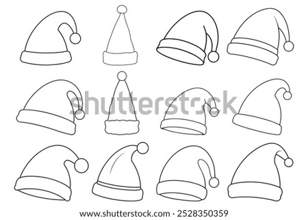 Set Of Santa Hat Vector Illustration. Santa Claus Hat. Merry Christmas. Santa Hat Outline Icon.