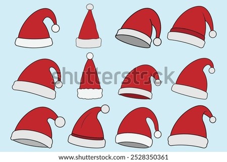 Set Of Santa Hat Vector Illustration. Santa Claus Hat. Merry Christmas. Santa Hat Outline Icon.