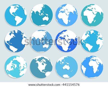 Set of vector globe icons in flat style, showing all continents