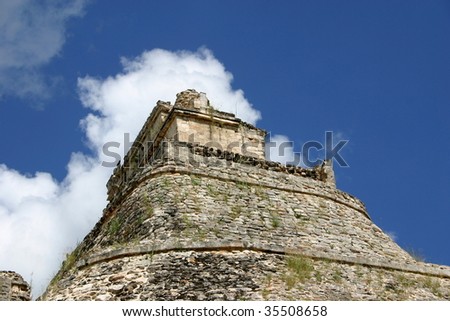 The temple priests above the pyramid of the magician in archaeological site of Uxmal, Mexico