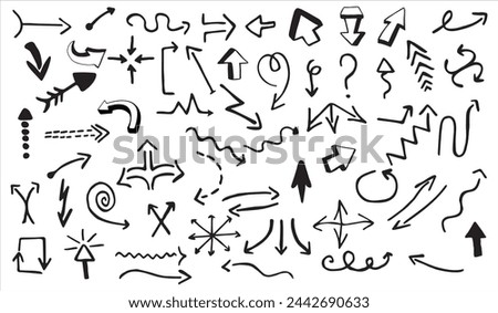 A collection of hand-drawn arrows. Set simple arrows isolated on a white background. Arrow icons. Drawing arrows is stock vector graphics.
