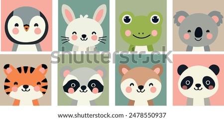 Cute simple animal portraits — rabbit, frog, tiger, sloth, koala, panda, bear, penguin. Print for children's fabric, covers