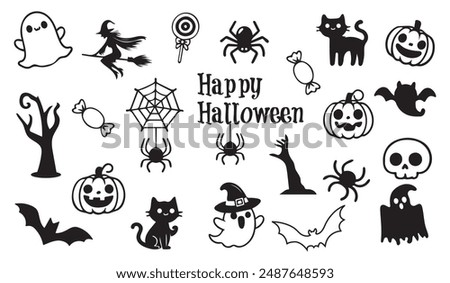 A set of black and white Halloween doodles highlighted on a white background, for coloring pages, prints, decoration of postcards and posters, stickers, sublimation, etc.